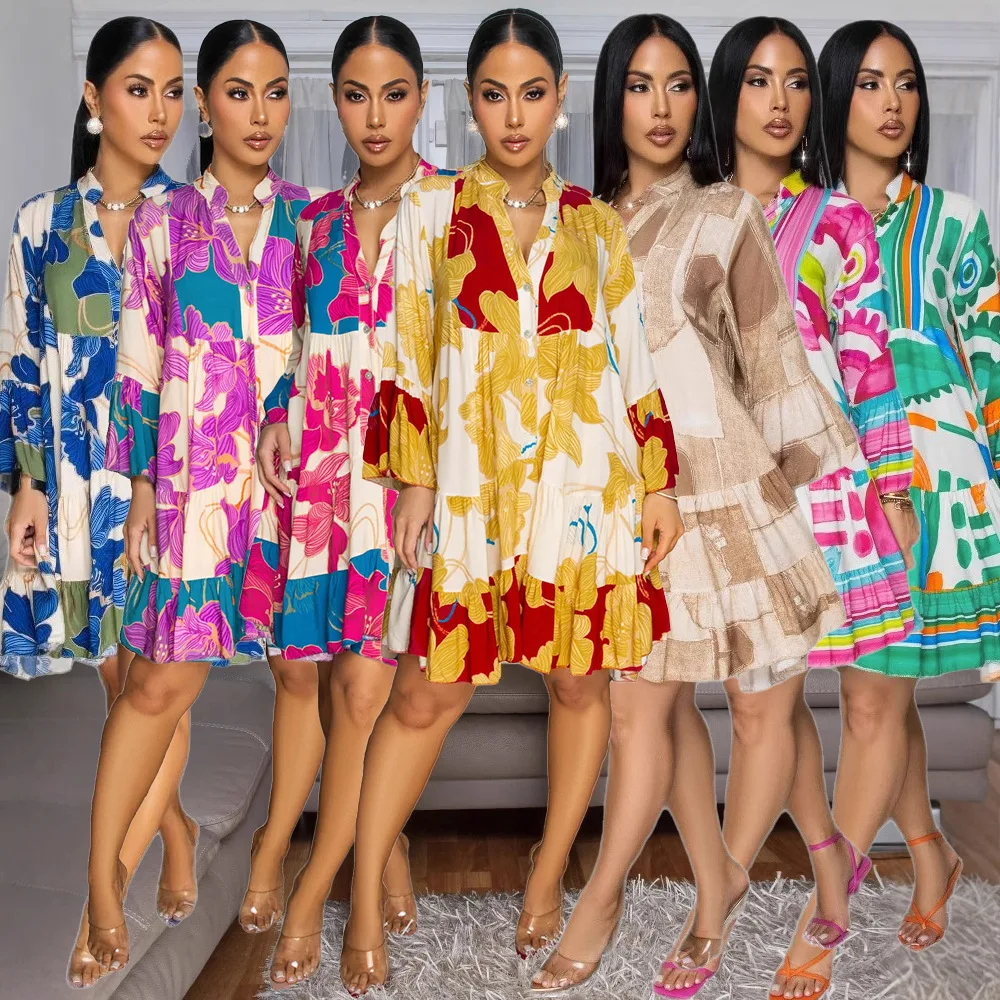 

Print Knee Length Dress Casual Dresses Women Long Sleeve Loose Fit Summer Spliced Stand Collar Slight Strech Buttons 2025