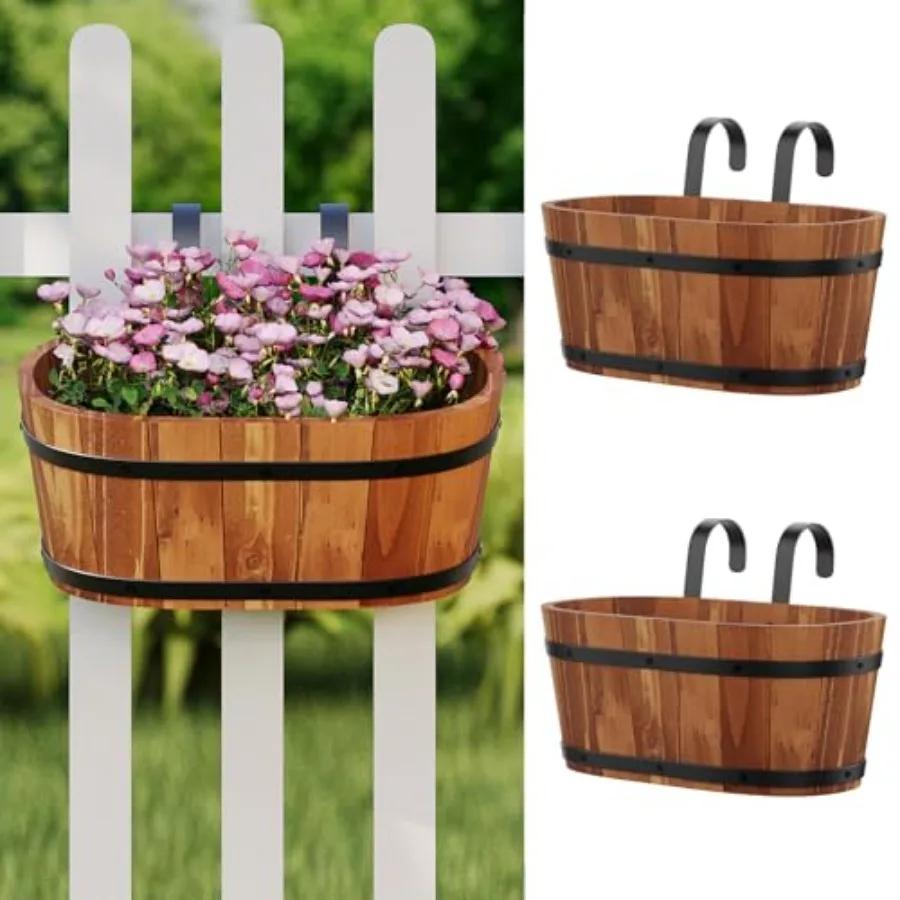 

Hanging Wooden Flower Pots 2 Pack, Railing Planter for Balcony Porch Deck, Countryside Style Brown Wood with Detachable Hooks G
