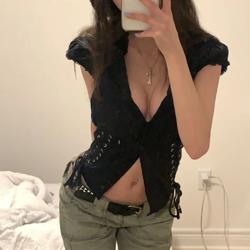 Y2K Fairycore Chic Bandage Crop Top Vintage Grunge Black T-Shirts Women Button Slim Croset Aesthetic Punk Style Gothic Bustiers