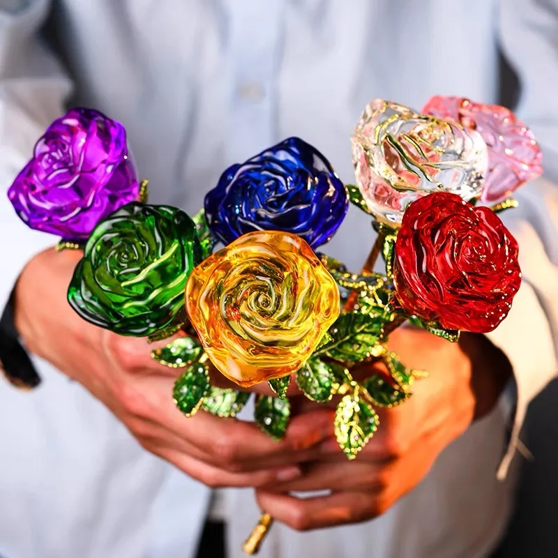 Crystal Rose Flower Figurine Glass Immortal Rose Statue Wedding Valentine\'s Day Gifts Christmas Home Table Decor Ornament