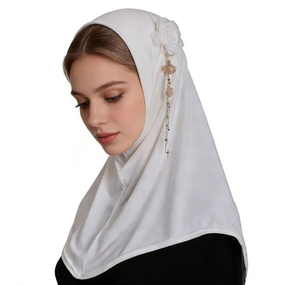 Comfort Round Edge 3D Flower Tassel Hijab Stretch Solid Color Head Wrap Lightweight High-Elasticity Headwear Daily Prayer image 4