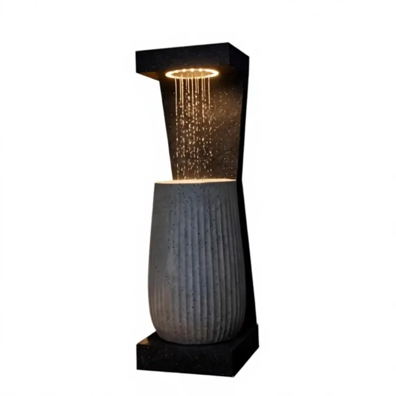 Vertical Two Section Ridged Cylinder Water Flow Ornament Square Flat Base Outdoor Patio Standing Water Scene Decor Craft