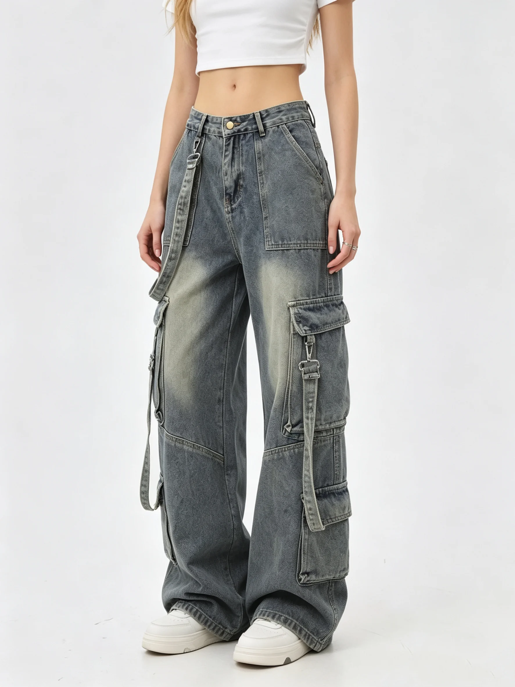 

Women's Blue Y2k Baggy Cargo Jeans Japandi Style Vintage Oversize Wide Leg Straight Jean Pants Harajuku Denim Trousers for Women