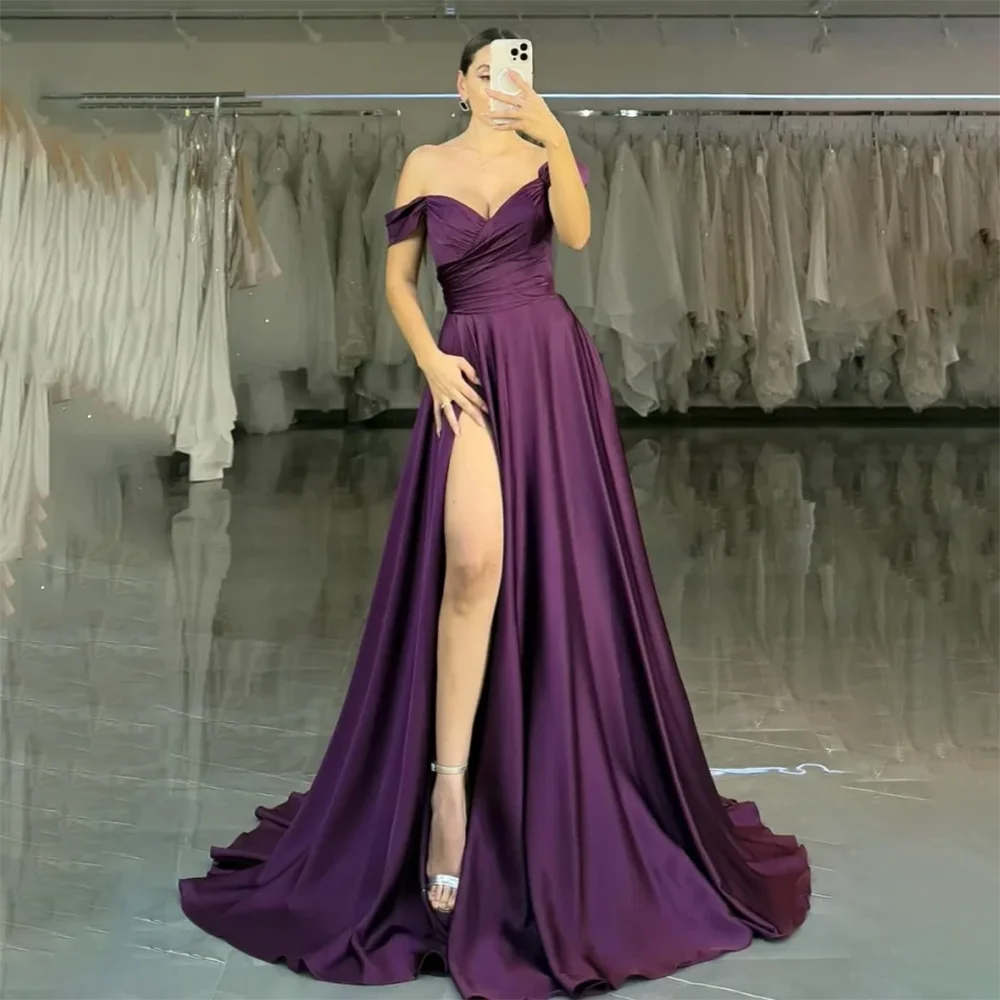 

Purple Evening Dress Customized A Line Thigh Slit Elegant Prom Gown Off The Shoulder Pleat Satin Floor Length Formal Party Dress