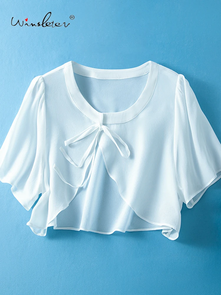 Winsleter-100% Silk Elegant Sunscreen Tops, Short Sleeve Lace-up, Women Beach Vacation Sunshade Coat, 2026 Spring New C62139CC