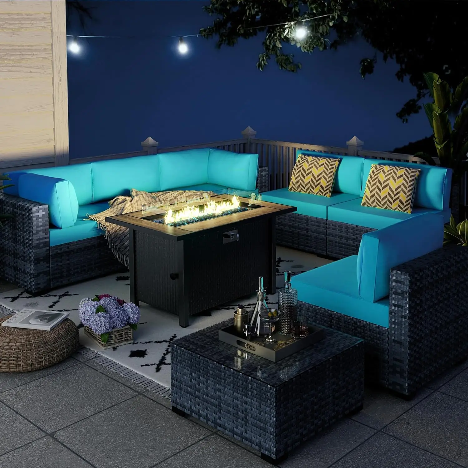 

atio Furniture Set with Gas Propane Fire Pit Table, All Weather Wicker Rattan Patio Conversation Sofa with Coffee Table, Rattan