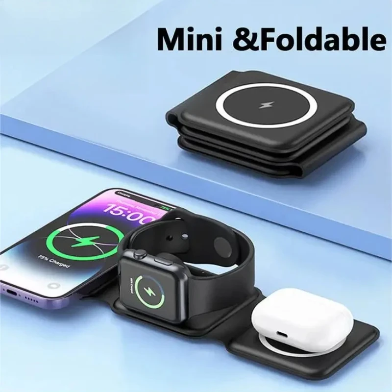 

Складное беспроводное зарядное устройство 3 в 1 для iPhone 16 15 14 13 12 Pro Max Apple Watch AirPods Док-станция для быстрой зарядки Magsafe Type C