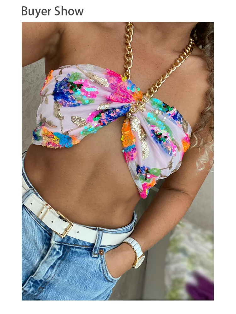 Sexy rosa Pailletten kette Crop Tops weibliche träger lose weiße schicke Blume rücken freie Korsetts Halfter Frauen Wrap Top Club Sommer heiß