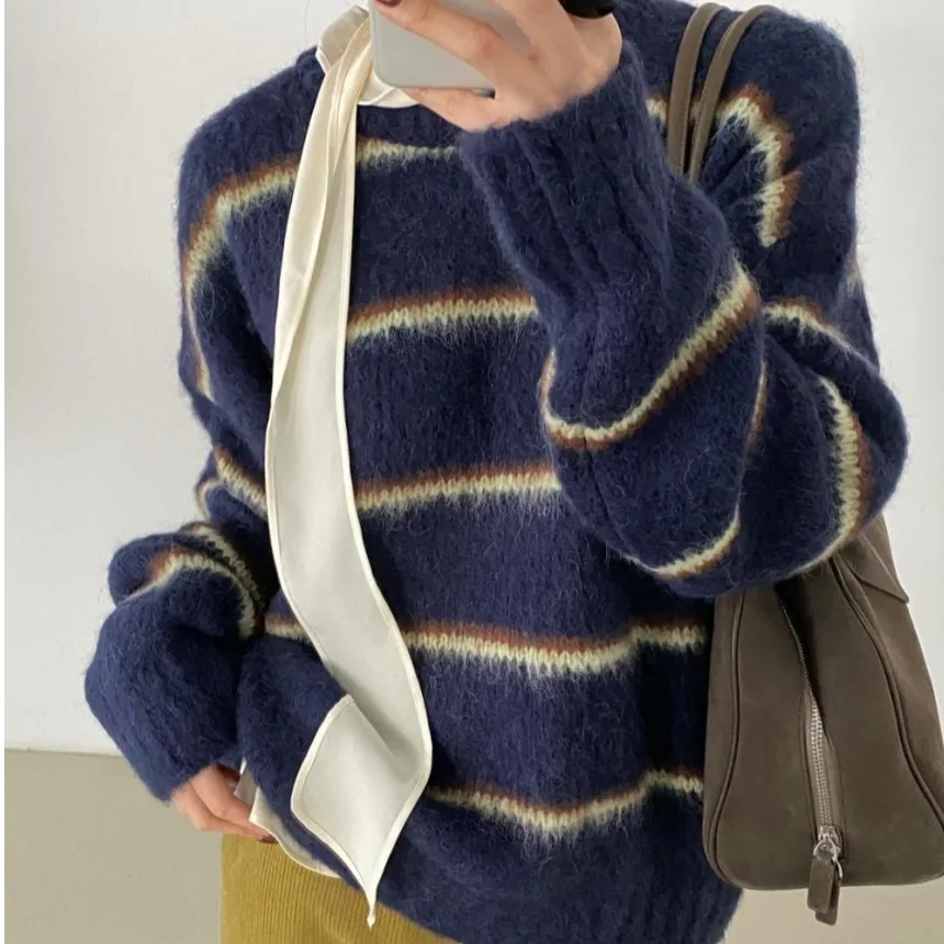 Casual Striped Base Layer Shirt Women's Commute Versatile Sash Sweater Fashionable All-Match Long Sleeve round Neck Top