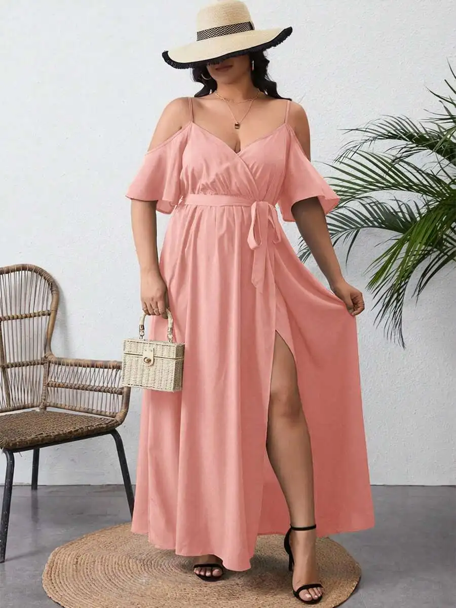 

Plus Size Solid Off Shoulder Split Hem Maxi Dress Beach Sundress Holiday Boho