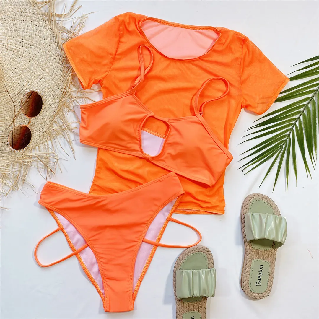 Damen-Badeanzug, hochtaillierter Bikini, Damen-Bademode, dreiteiliges Bikini-Set, kurzärmelige Überwürfe, Badeanzug, Badebekleidung, Schwimmanzug V2988 – Detail 9