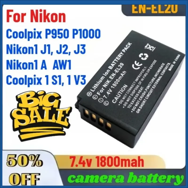 7.4V 1800mAh EN-EL20 EN EL20 Camera Battery for Nikon Coolpix P950 P1000 Nikon1 J1 J2 J3 For Nikon1 A AW1 Coolpix 1 S1, 1 V3