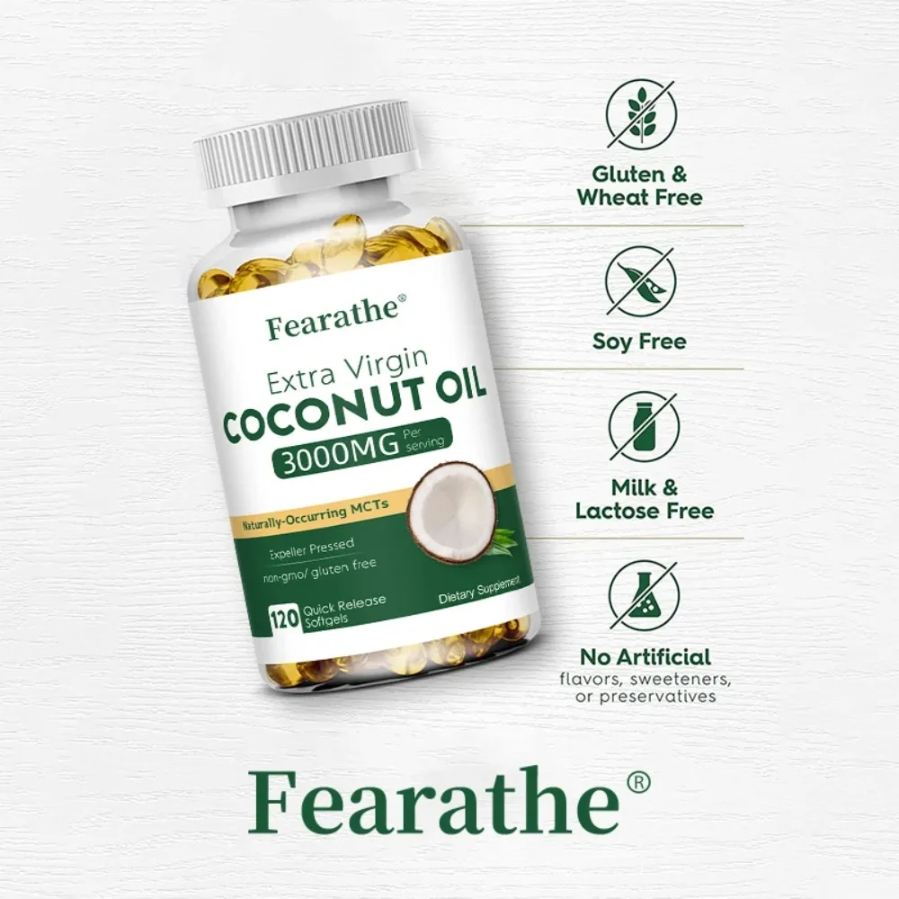 Organic Coconut Oil Capsules 3000mg, Non-GMO for Healthy Skin Nails Hair Growth Support, Bloating & Digestion