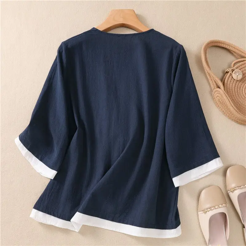 2024 Summer New Chinese Style Blouses Women's Solid Color Embroidered Button Cardigan Loose V-neck 3/4 Sleeve Retro Folk Shirts