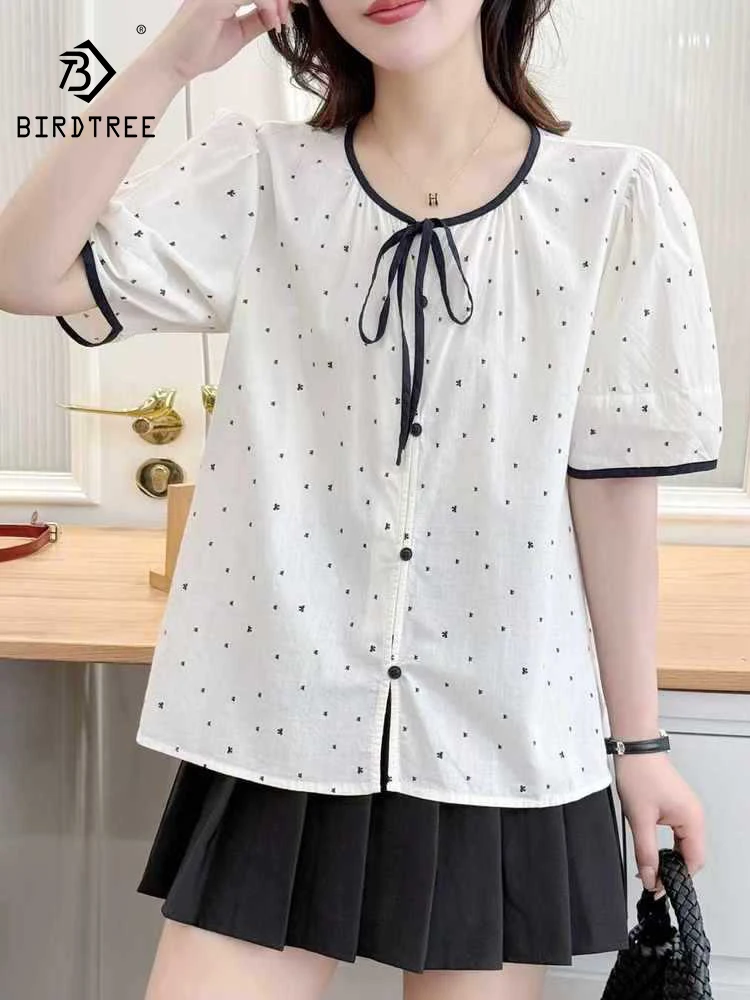

New 2025 Summer Cotton Short Sleeve Shirt, Women O Neck Cartoon Print, Mori Girl Retro Japan Style Lace-up Loose Blouse T56225CC