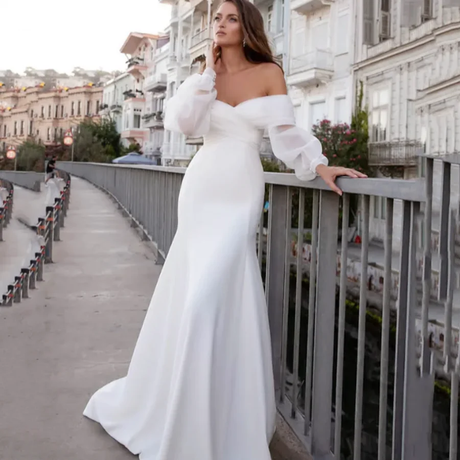 

OUSIRUI 2024 Satin Sexy Lace Beach Bride Dresses Off The Shoulder Boho Bridal Gowns Mermaid Wedding Dresses Long Fuff Sleeve