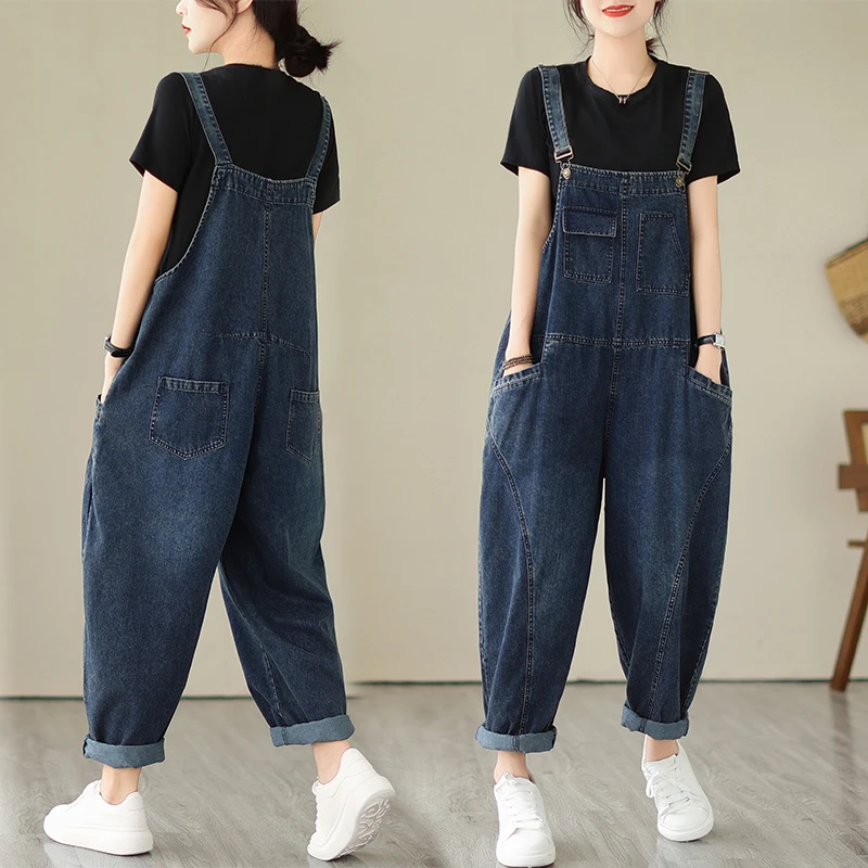 6223 Spring Fall Fashion Women's Multi Pocket Cargo Suspender Female Vintage Patchwork Blue Denim Overalls Casual Loose Jumpsuit