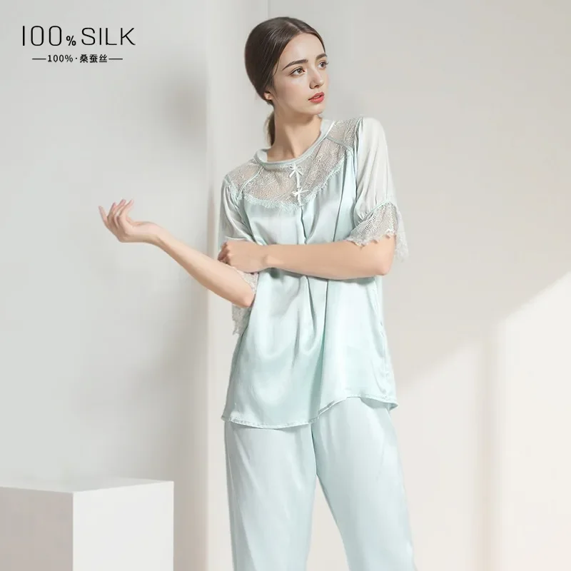 100% Mulberry Silk T-Shirt and Trousers Two-piece Pajama Suit Sexy Lingerie Sleepwear Women Mid-length Sleeves Pajamas Nightwear