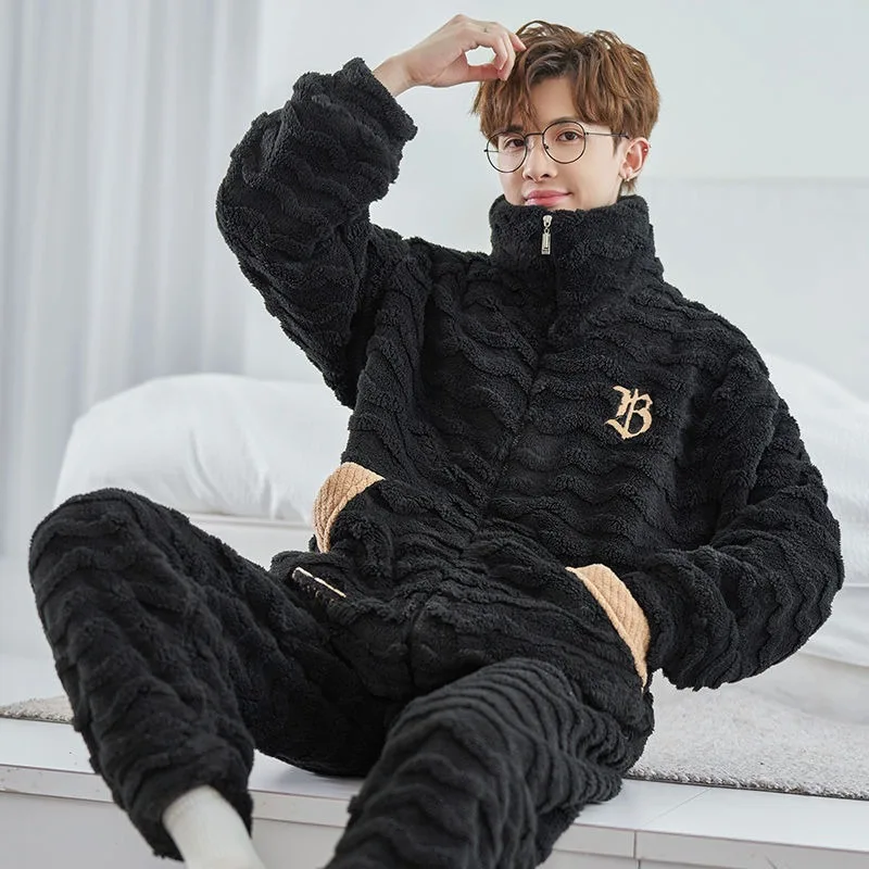 Male Coral Velvet Pajamas Winter Men Fleece-lined Thickened Flannel Homewear Suit Stand-up Collar Thermal Large Size Sleepwear