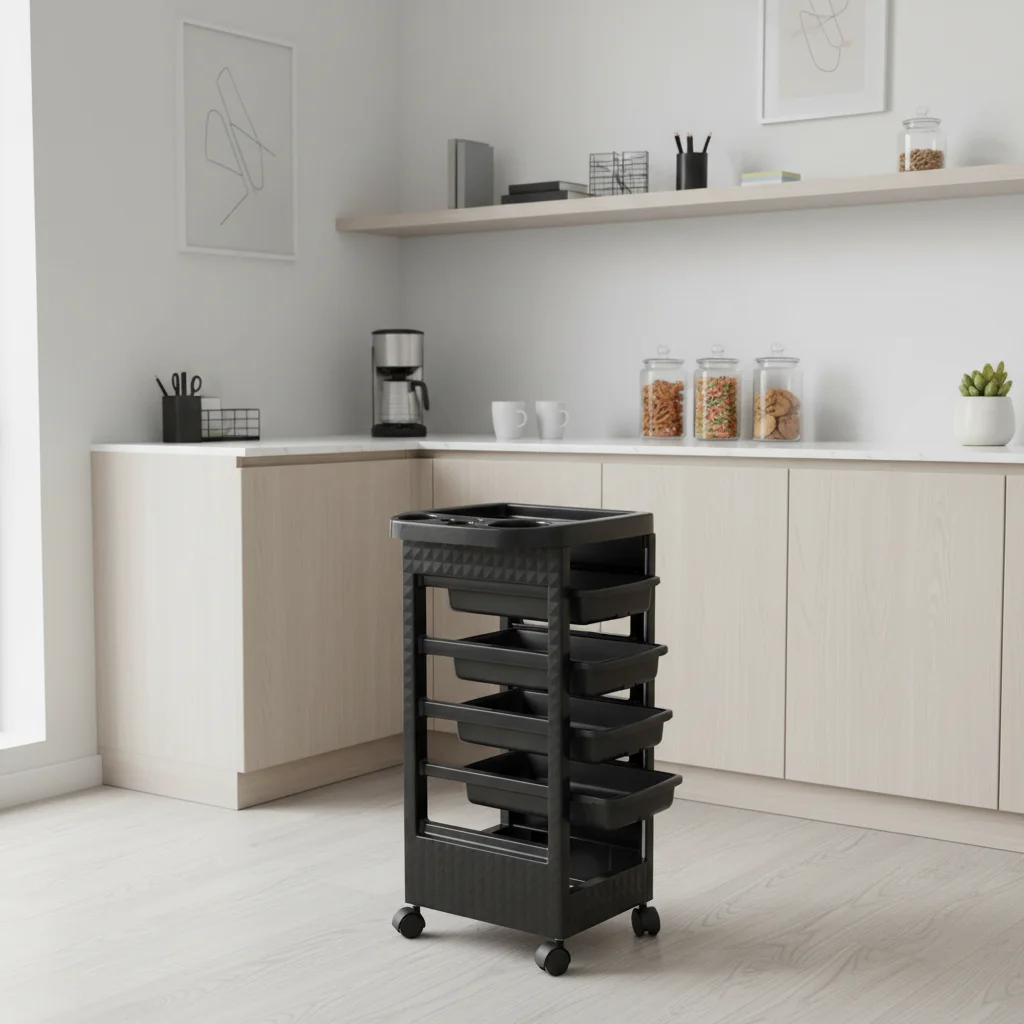 

Высококачественная многоуровневая черная тележка для салона красоты с 5 ящиками