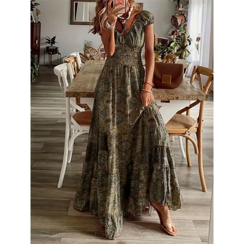Sukienki maxi damskie plus size 1XL-5XL, nowe, letnie, vintage, z nadrukiem, codzienne, z dekoltem w serek, krótkim rękawem, elastyczną talią, długie sukienki damskie.
