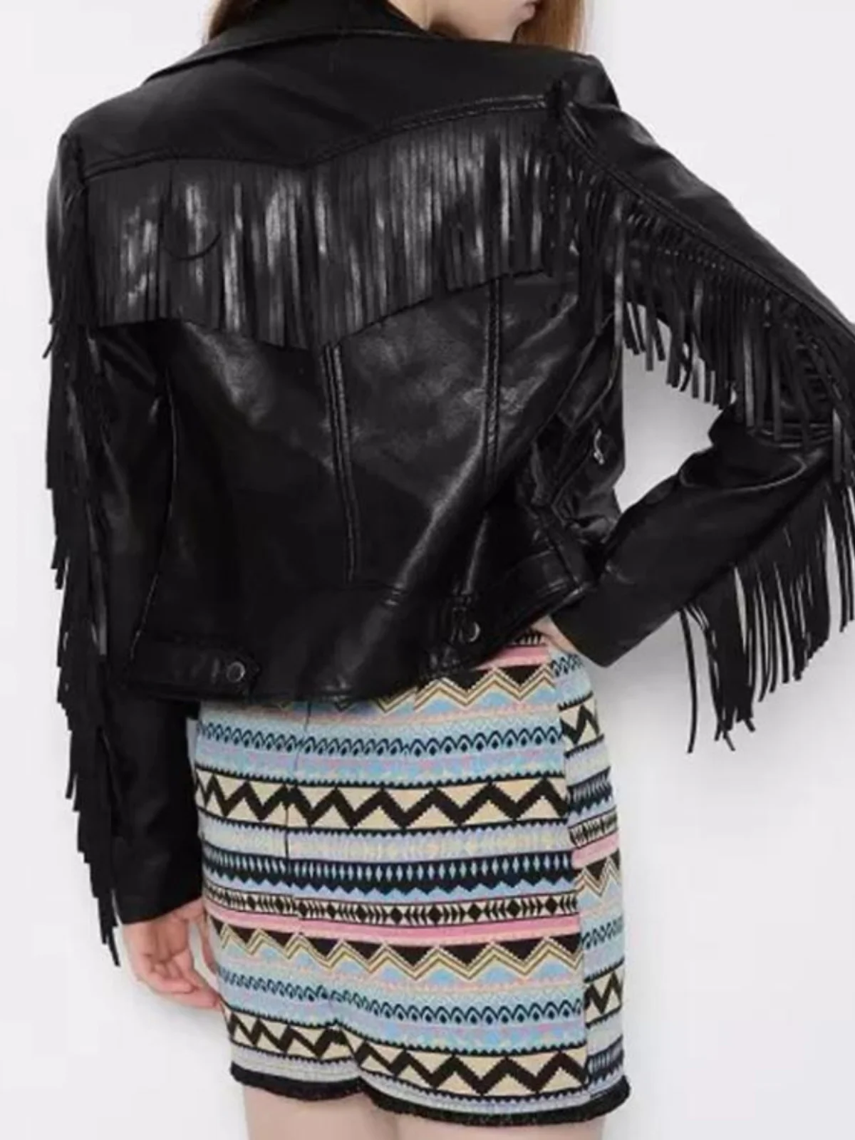 Metallic Bla PU Leather ort Jaet with Fringe Zipper Slim Fit Long Sve Autumn New Arrival Women's Faion Outerwear