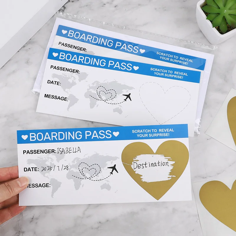 5Sheets Boarding Pass Scratch Off Game Card with Envelope DIY Surprise Gift for Wedding Birthday Party Christmas Travel Tickets