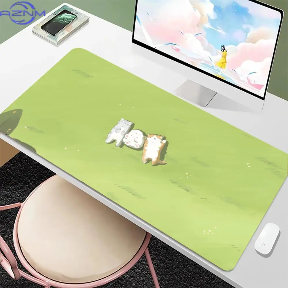 Soft Green Nature Mouse Pad Waterproof Non‑Slip Adorable Black Cat Hiding In Grassland Floral Design Mousepad for Home Gaming