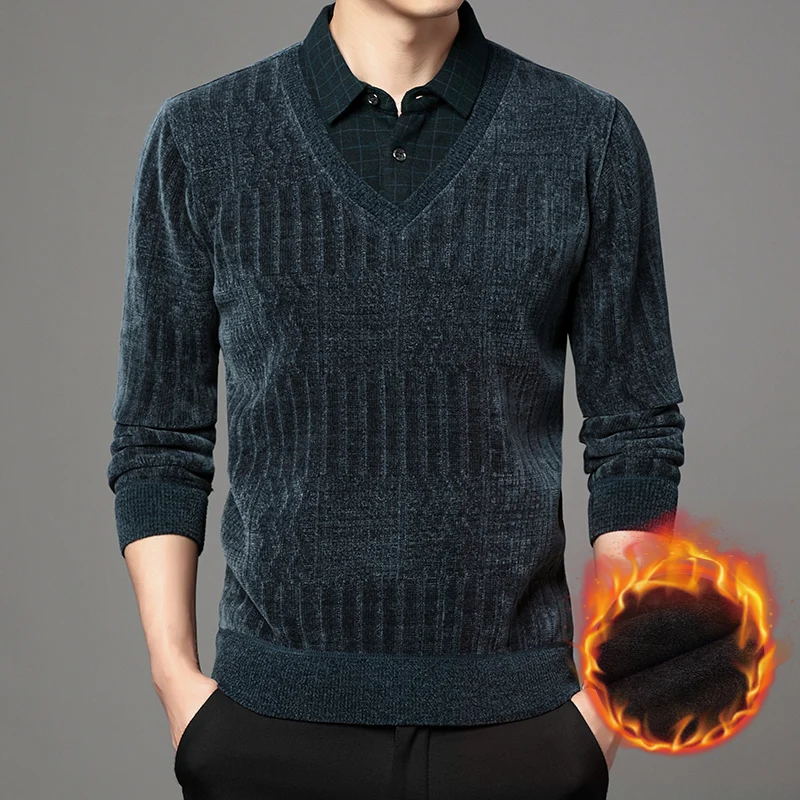 

Autumn and winter new style men's young and middle-aged plush thick solid color versatile two piece simple fashion pullover top