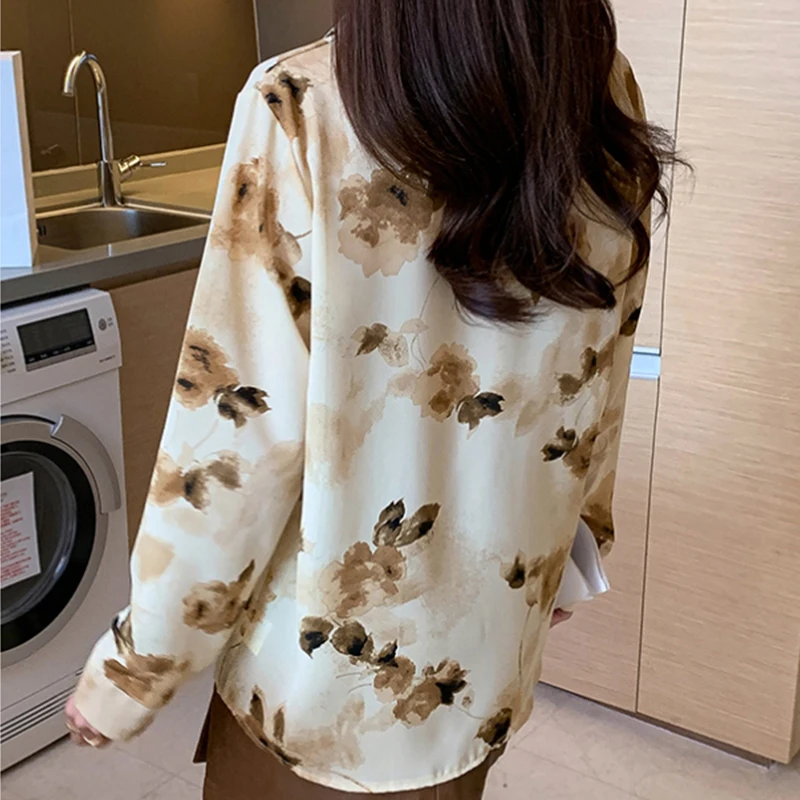 Women Spring Korean Office Lady Loose All-match Appear Thin Shirts Women Clothes Casual Simplicity Printing Polo-Neck Trend Tops