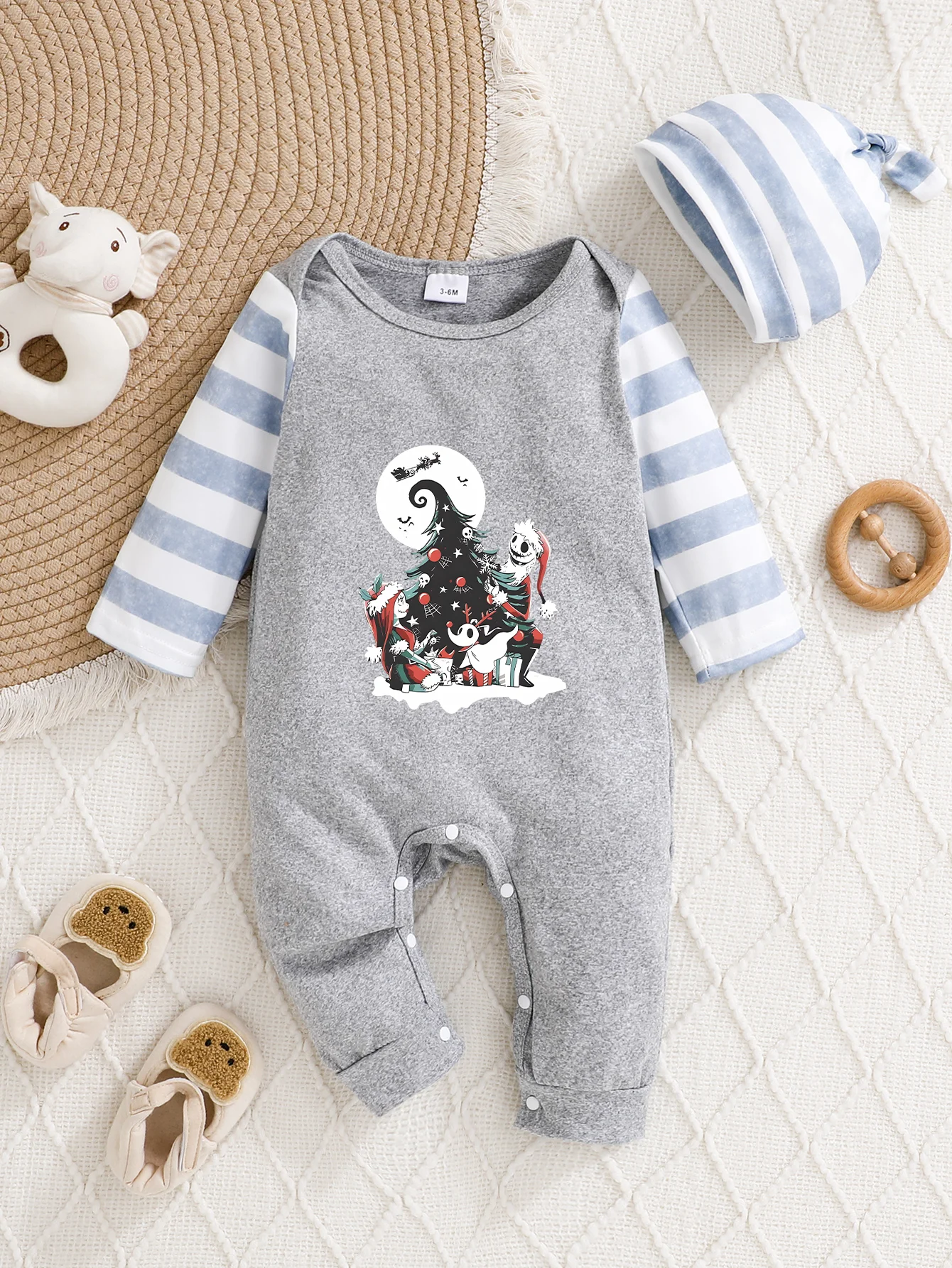 

【Officially Authorized】 Disney Nightmare Before Christmas Christmas Baby Hooded Jumpsuit | Cozy Fabric Santa Jack Print Gray Jum