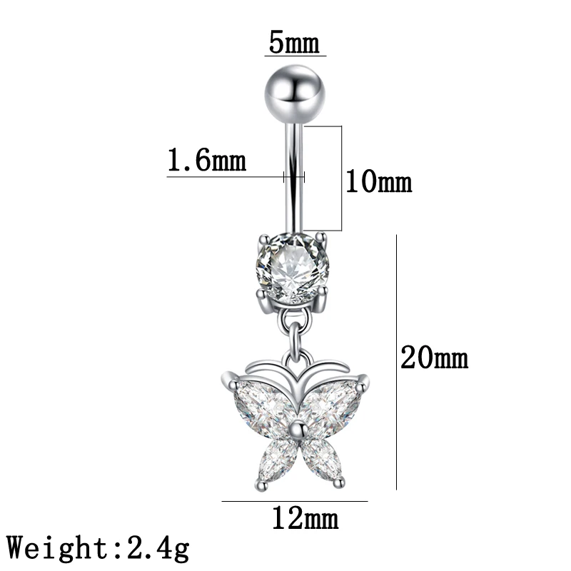 Belly Button Ring Butterfly Navel Bar Prong Setting Cubic Zirconia Stones Clear 14G Stailess Steel Pin Body Piercing Jewelry