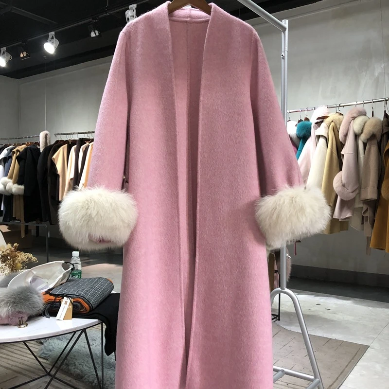 

CXFS 2025 Winter Jacket Women Natural Real Fox Fur Cuffs Thick Warm Streetwear Outerwear Long Wool Coat Detachable Loose Belt