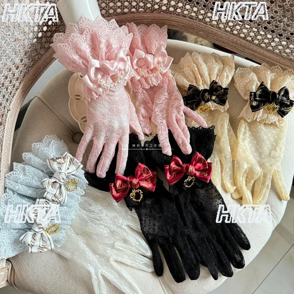 

Kawaii Lolita кружевные розовые перчатки ручной работы женские осенние милые и милые универсальные косплей жемчужные банты рукава аксессуары для женщин