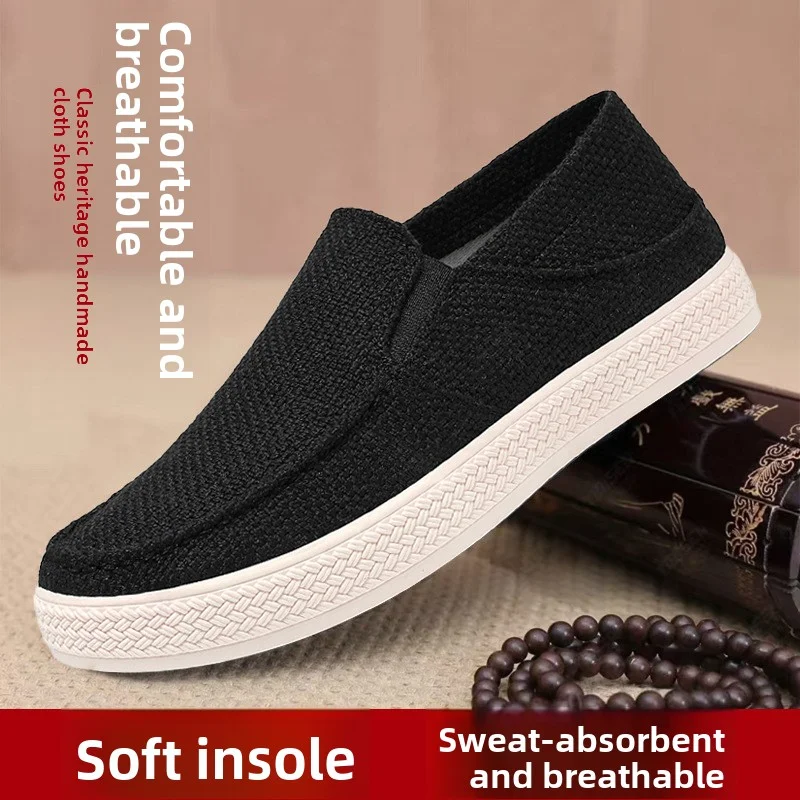 Men Linen Slip-on Casual Shoes Breathable Soft Sole Loafers Daily Walking Driving Flat Canvas Shoes