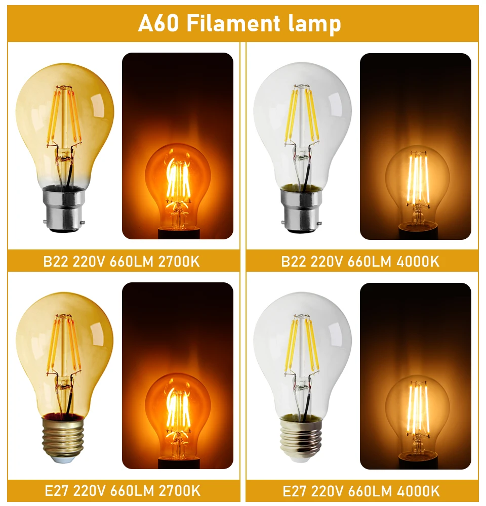 Lâmpada de filamento de vidro LED Edison, luz de vela Vintage, C35, G45, A60, ST64, G80, G95, G125, E27, E14, B22, 220V CA