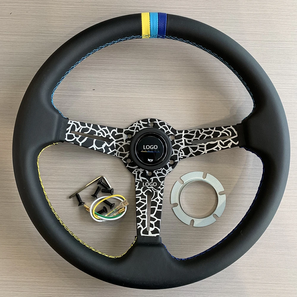 

TIYPEOR NEW 14inch 350mm Universal Car Flat Dish Sports Drifting Leather Modified Steering Wheel