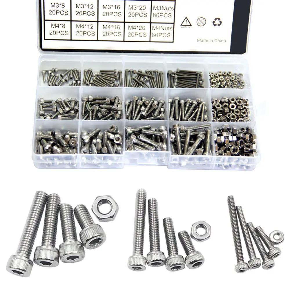 480Pcs 304 Stainless Steel Socket Screw Nuts Kit Assorted Metric M2x8 M2x12 M2x16 M2x20 Bolts for Ship Assembly Home Office