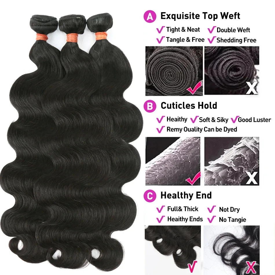 Tissage en Lot Brésilien Remy Ondulé 100% Naturel, Cheveux Non Traités, 30 32 40 Pouces, Double Proximité, Extensions