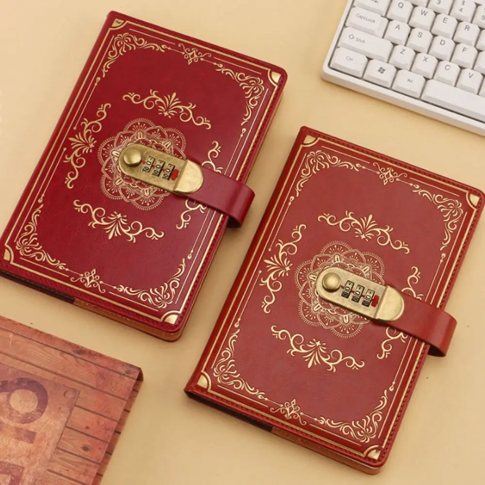 A5 100Sheets Journal Notebook With Lock Flower Cover Embossed Design Diary Writing Pads PU Leather Line Paper