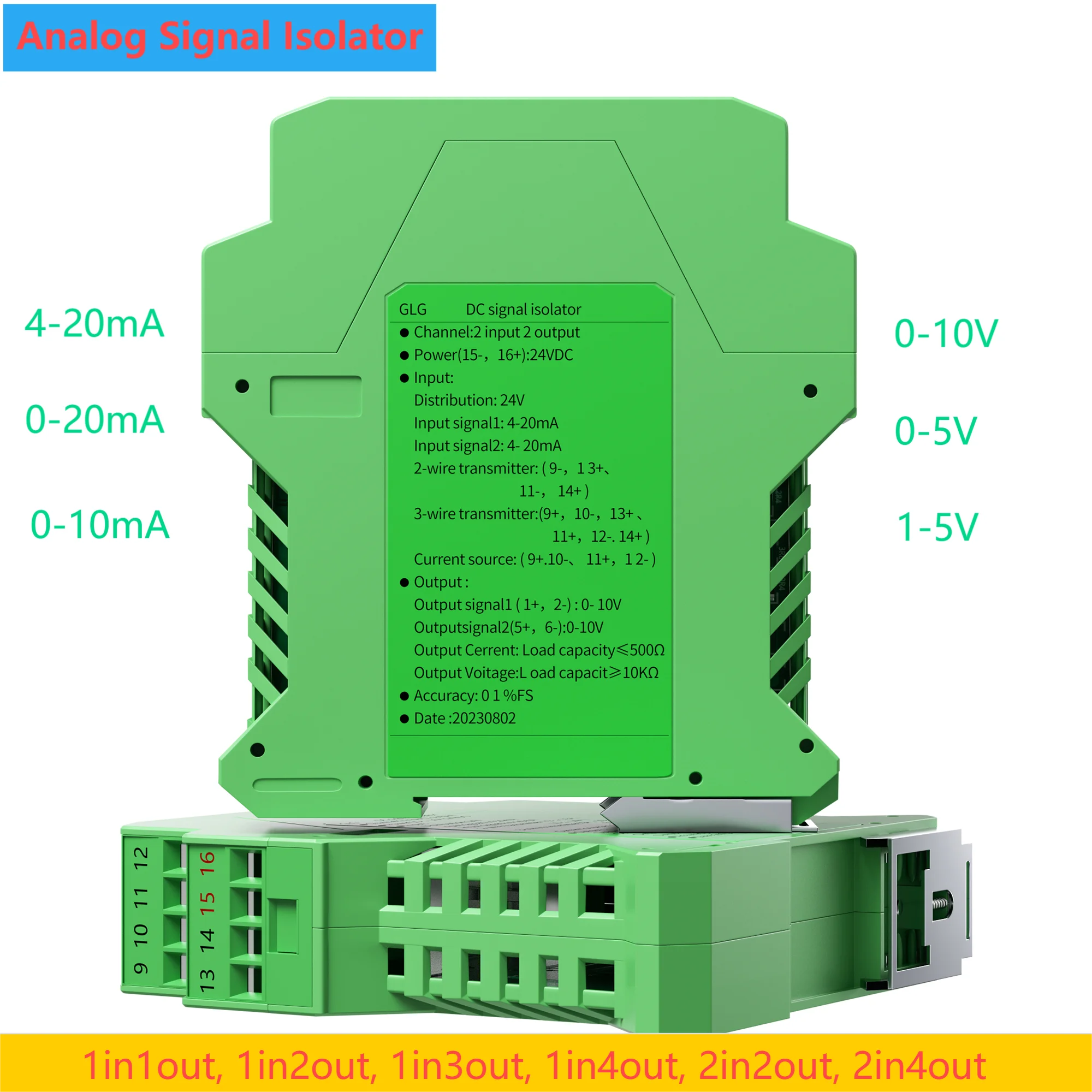 4-20mA Signal Isolator Current Transmitter 1 In 2 Out Channel DC Signal Converter Isolator 0-10V 0-5V Analog Signal Isolator