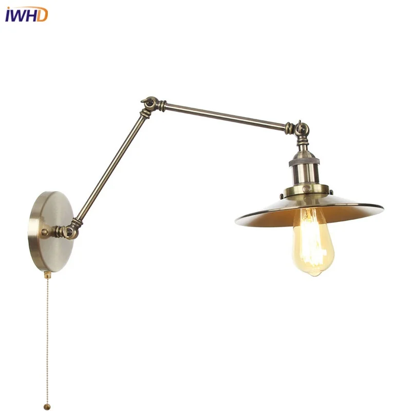 

IWHD Long Arm Adjustable LED Wall Lamps Sconce Interior Coffee Reading Vintage Industrial Style Pull Chain Switch Bedside Lamp