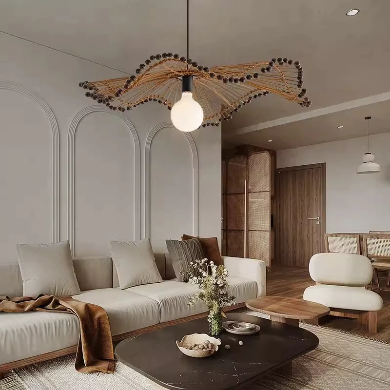

Japanese Style Wabi Sabi Handmade Rattan Shade Ceiling Chandeliers Living Room Restaurant Restaurant Home Decor Interior Lamps