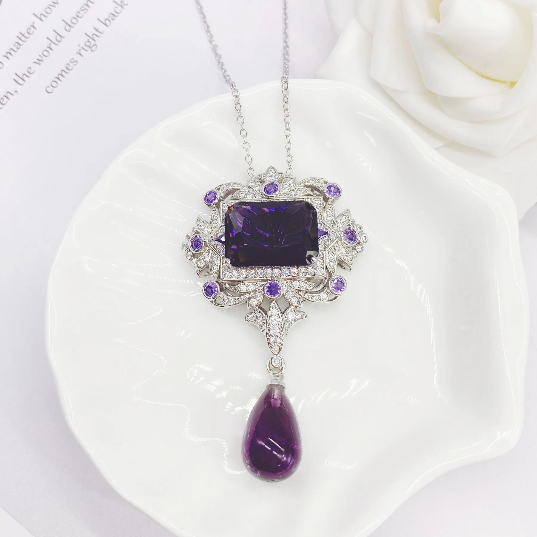 925 Silver Luxury Necklace for Women Purple Zircon Neck Accessories Women\'s Engagement Anniversary Jewelry Valentine\'s Day Gift