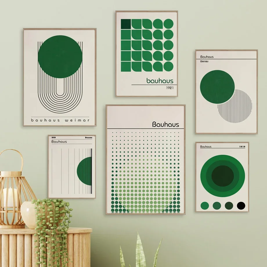 Bauhaus-Modern Green Aesthetic Exhibition Wall Art, Nordic Poster, Canvas Painting, Prints, Pictures for Living Room Decor