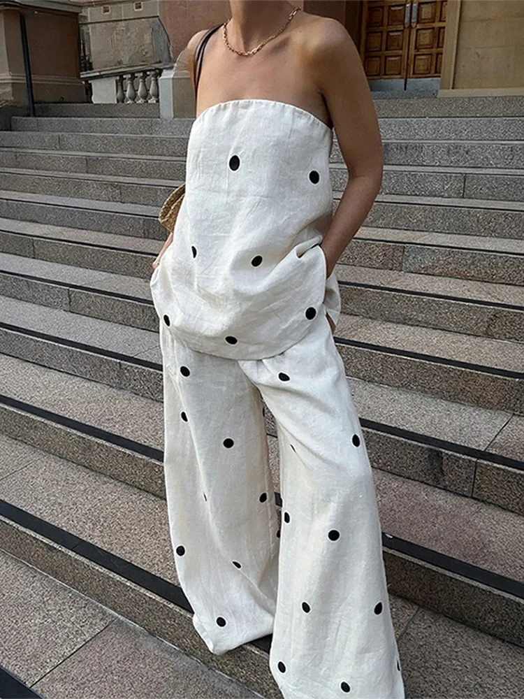 

Casual Strapless Polka Dot Tops Pants Sets Women Loose Sleeveless Backless Vest Pocket Wide Leg Pant Lady Vacation Outfits