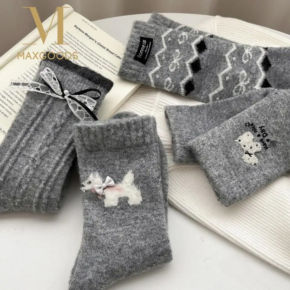 

Fashion Cute Cartoon Puppy Bow Socks Thickned Warm Mid Tube Socks Comfortable Long Socks Women