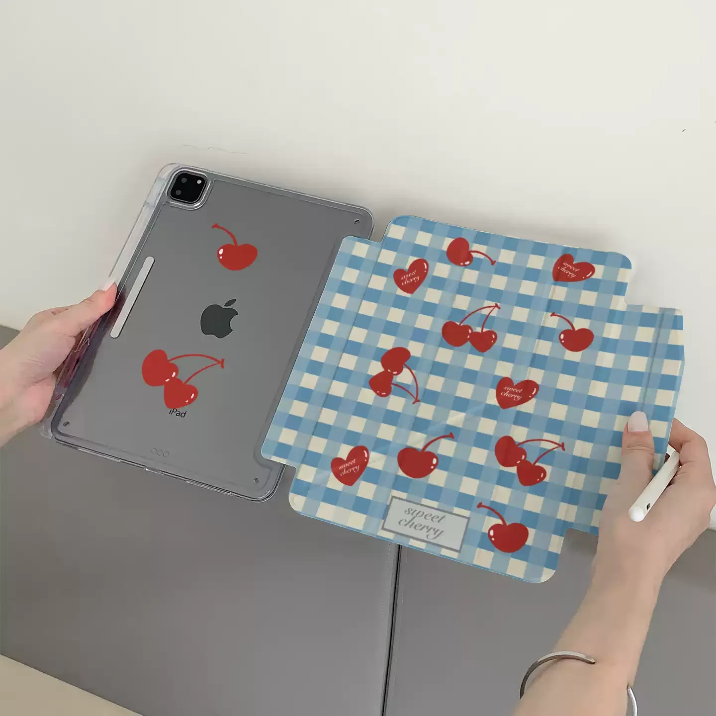 

Blue Checkered Love Cherr Table Case For iPad Pro 11 12.9 13 M2 M3 M4 M5 Shell 8.3 9.7 10.2 5/6/7/8/9/10/11th Air 4 5 6 7 Cover