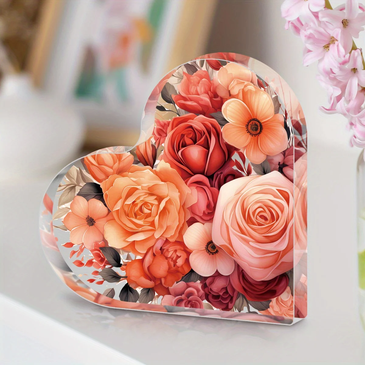 Red Heart Acrylic 2D Wall Decor with Flowers, Modern Lightweight Plaque for Home Party Birthday Gift