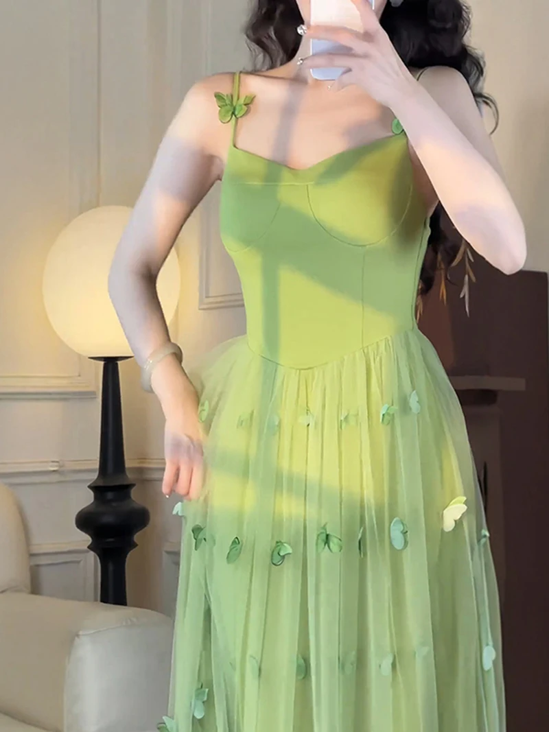 French Retro Green Splicing Lace Sling Dress For Women Summer New Style Temperament High Waist Slimming Fit Fairy Long Dresses